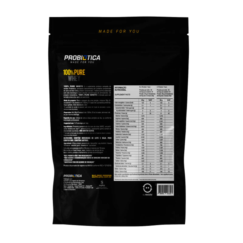 100% Pure Whey Refil 900g Probiótica - Whey Protein Concentrado